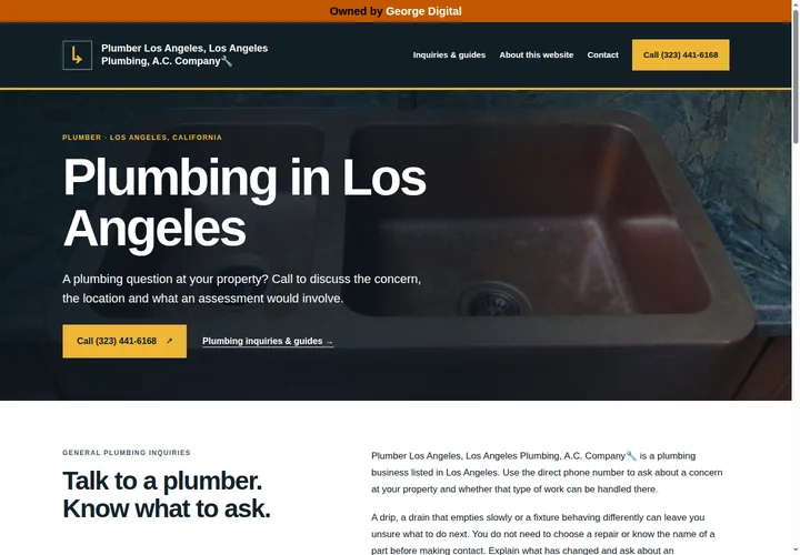 A.C. Company plumbing website with a copper sink background, dark header and yellow call buttons.