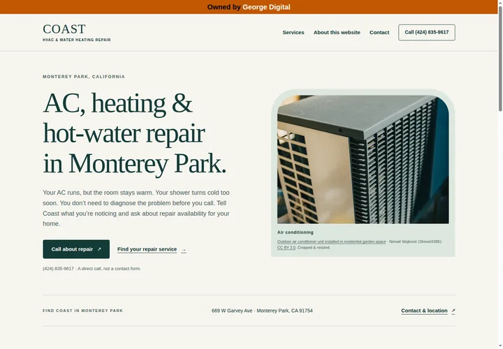 Coast website homepage with cream and green styling, repair information and an outdoor air conditioner photo.
