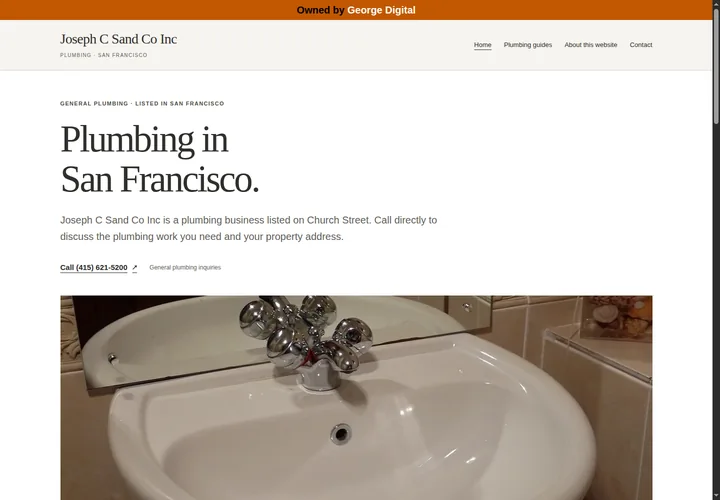 Joseph C Sand Co Inc website with serif headings, white space and a wide bathroom basin photograph.
