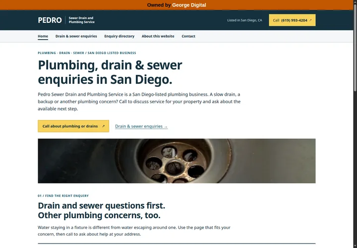 Pedro plumbing website with a blue phone header, yellow call button and a wide sink-drain photograph.
