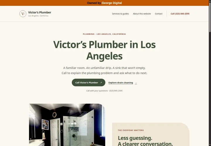 Victor’s Plumber website with a warm cream background, green heading and a bathroom photograph.